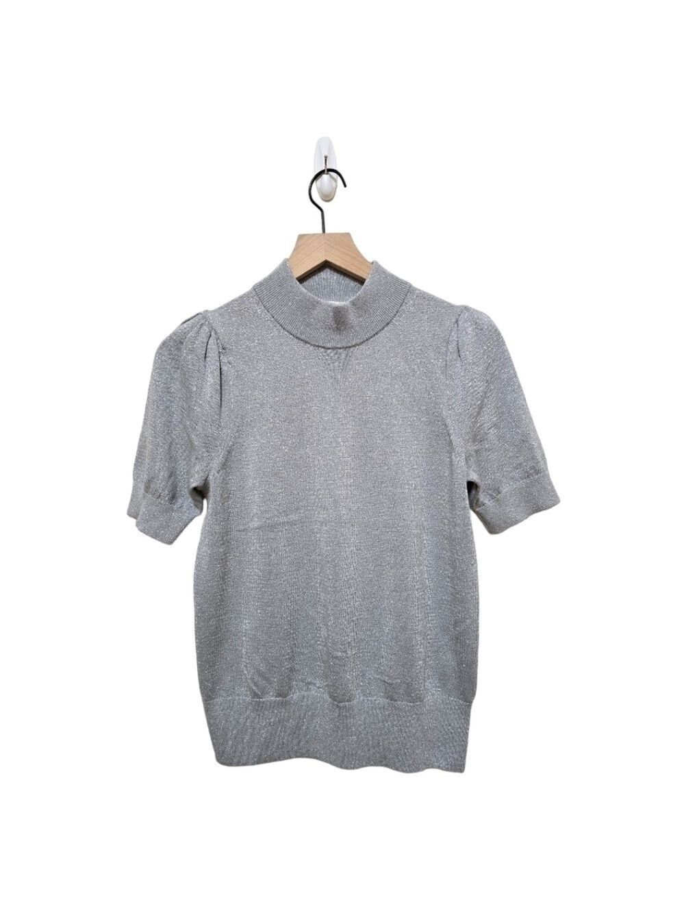 Michael Kors Silver Metallic High Neck Puffed Short Sleeve Sweater Blouse Sz S